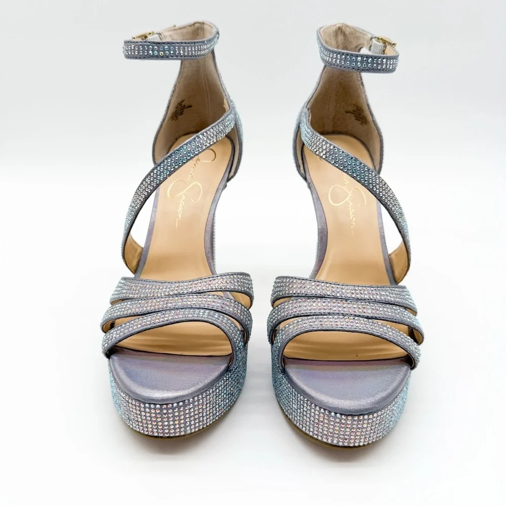 Jessica Simpson Shyremin Rhinestone Platform Stiletto Sandals Silver Glam 8 NEW
